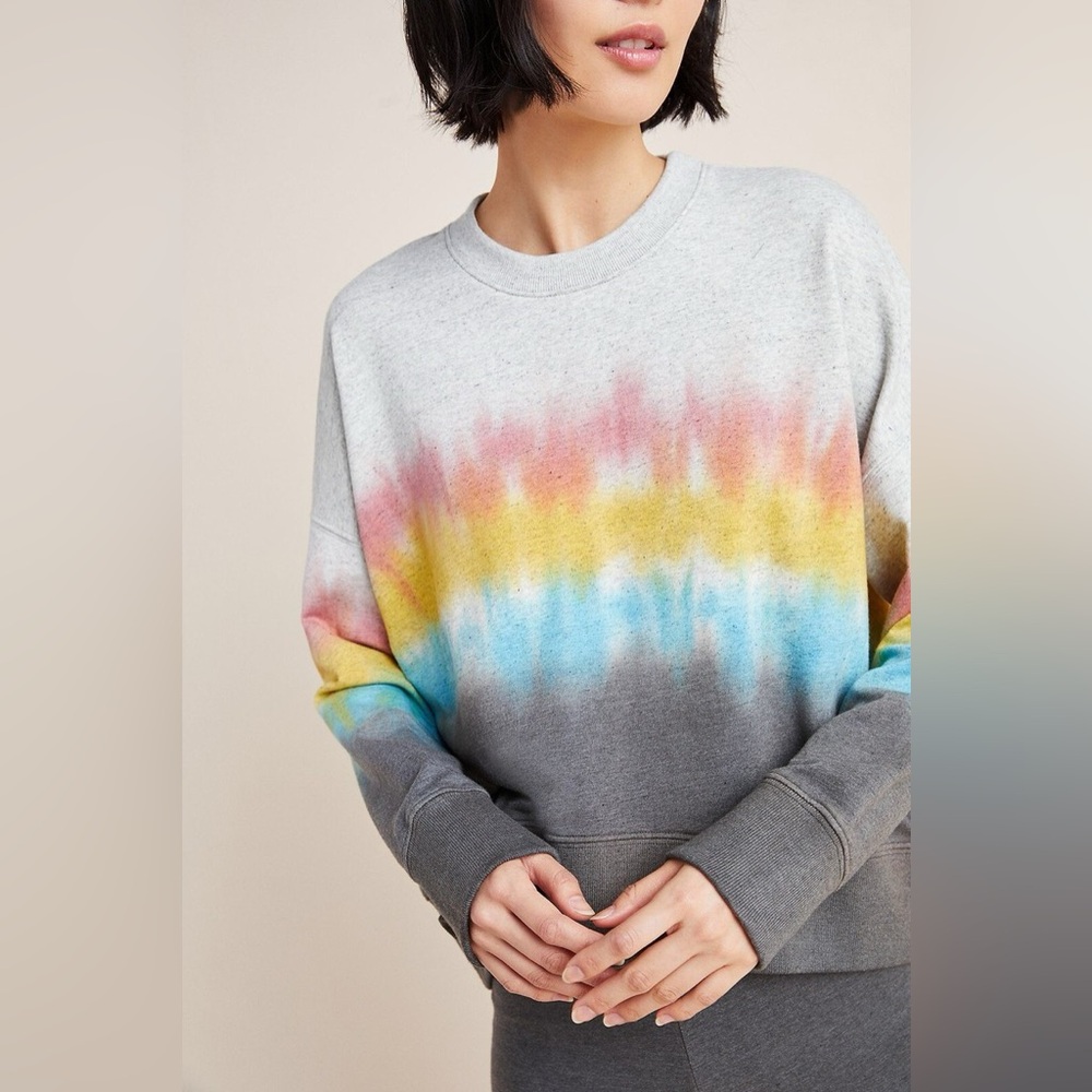 Sundry Gray Sweatshirt with Pink Yellow and Blue Tie-Dye Stripe